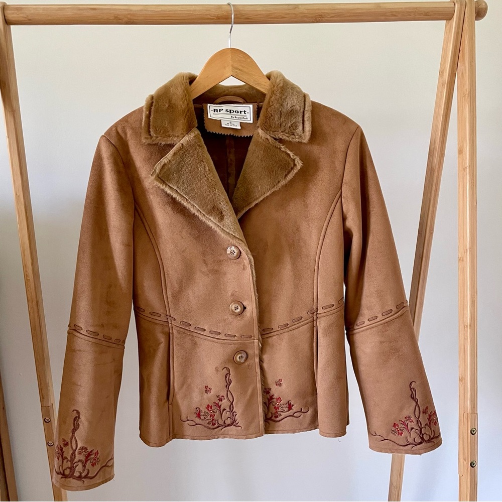 Vintage Faux Suede Faux Fur Collared Floral Embroidered Whipstitch Jacket